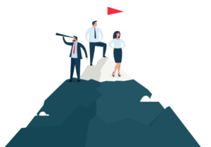 software-commercialisti-pisa-ERP abiti da lavoro sono in cima a una montagna e fissano intensamente un grande rettangolo rosso e bianco che ricorda un pezzo astratto di un software all'avanguardia.