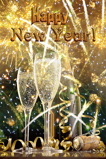 Un felice anno nuovo saluto con due bicchieri e una bottiglia di champagne.