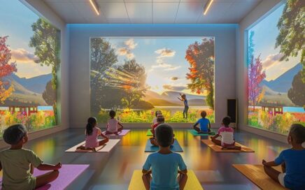 ALFABETIZZAZIONE EMOZIONALE,INTELLIGENZA EMOTIVA, GESTIONE RABBIA,, VITA EQUILIBRATA,FELICITA, GESTIONE STRESS, ANSIA, RESILIENZA, PERSONE praticano yoga in uno studio con una grande scena proiettata di un lago sereno e montagne sullo sfondo.