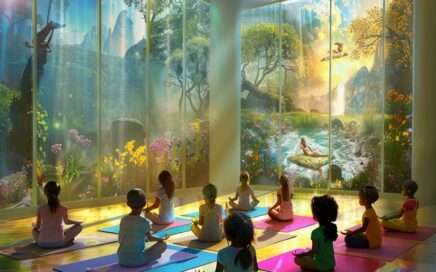 Bambini che praticano yoga in una stanza tranquilla con pareti che mostrano scene vivaci e illuminate di foreste e cascate.