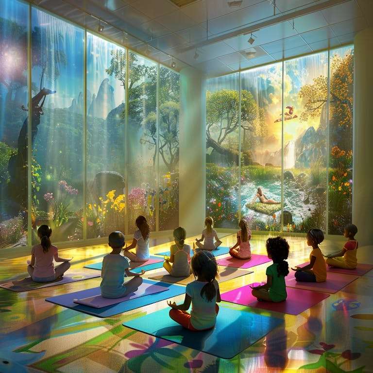 Bambini che praticano yoga in una stanza tranquilla con pareti che mostrano scene vivaci e illuminate di foreste e cascate.