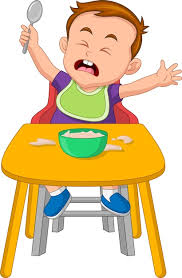 Illustrazione di un bambino che piange seduto su un seggiolone con una ciotola di cibo davanti a sé, con in mano un cucchiaio. Il cibo è rovesciato sul tavolo.