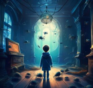 Un bambino si trova in una stanza scarsamente illuminata piena di ragni fluttuanti e striscianti, evocando una scena di una favola educativa per bambini, guardando verso una luce brillante sullo sfondo con un vecchio pianoforte sulla sinistra.