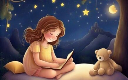storie della buona notte per bambini bimba è seduta su un cuscino all'aperto di notte, mentre legge una storia della buona notte per bambini