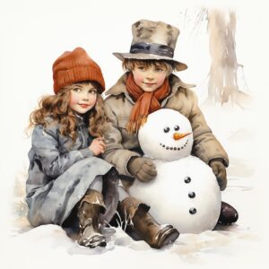 Due bambini in abiti invernali sono seduti accanto a un pupazzo di neve. La bambina indossa un cappello rosso e il bambino un cappotto marrone chiaro e una sciarpa. La neve ricopre il terreno.