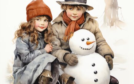 Due bambini in abiti invernali sono seduti accanto a un pupazzo di neve. La bambina indossa un cappello rosso e il bambino un cappotto marrone chiaro e una sciarpa. La neve ricopre il terreno.