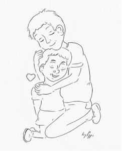 Illustrazione di due bambini abbracciati, con uno inginocchiato che abbraccia l'altro da dietro. Un piccolo simbolo a forma di cuore fluttua lì vicino.