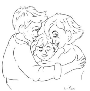 Uno schizzo di tre persone abbracciate, con due adulti e un bambino al centro.