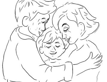 Uno schizzo di tre persone abbracciate, con due adulti e un bambino al centro.