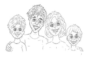 Un disegno in bianco e nero di quattro persone sorridenti, in stile cartone animato, con grandi occhi e capelli spettinati, in piedi, molto vicine tra loro.