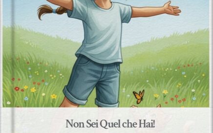 VIDEO STORIA PER BAMBINI ,fiaba, non sei quello che hai Una ragazza si trova in un campo erboso con le braccia aperte, indossa una maglietta blu e dei pantaloncini. Un gatto e una farfalla sono nelle vicinanze. Il testo dell'immagine recita: "Non Sei Quel Che Hai!
