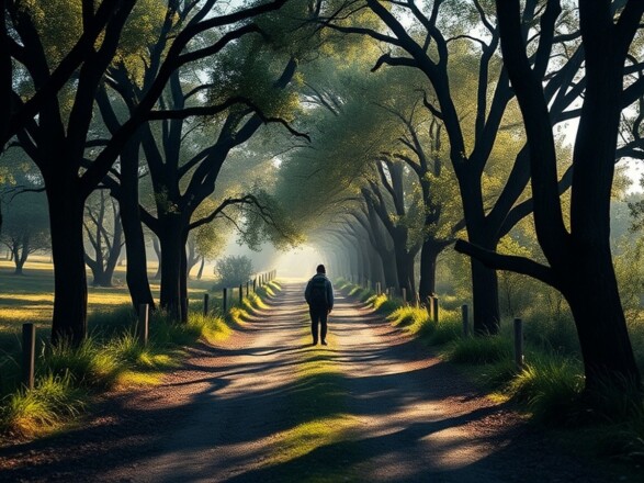 Sentiero in un bosco toscano nella luce del mattino, con una persona che cammina di spalle