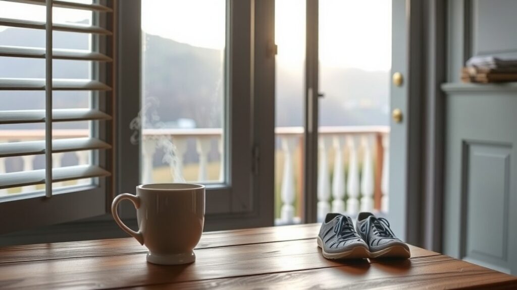 Tazza fumante su un tavolo di legno davanti a una finestra con le persiane aperte e scarpe da camminata