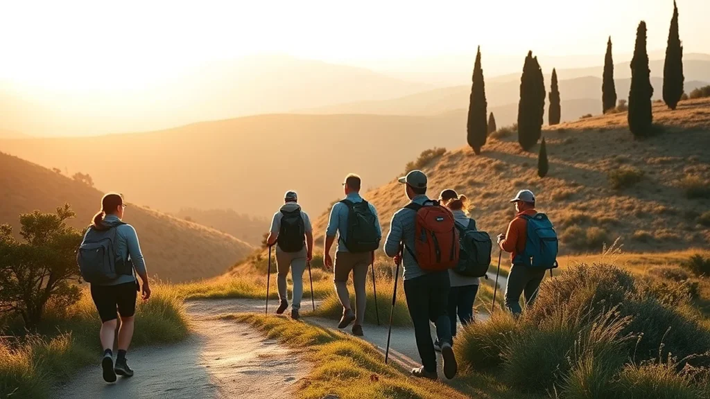 Gruppo di escursionisti con zaino all'inizio di un sentiero tra le colline toscane e i cipressi