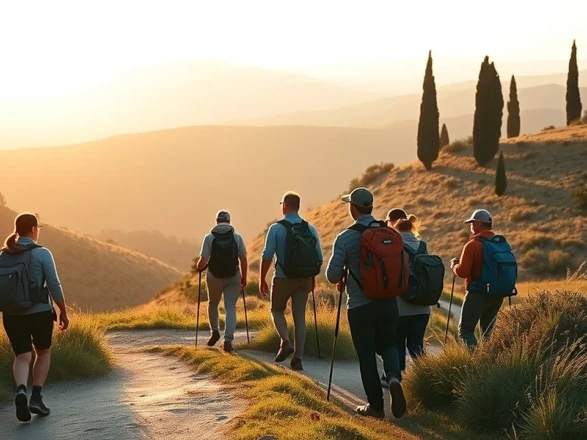 Gruppo di escursionisti con zaino all'inizio di un sentiero tra le colline toscane e i cipressi