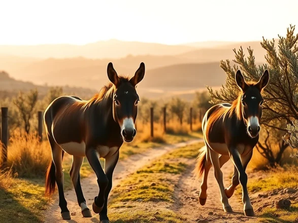Due asini che camminano su un sentiero di campagna toscana tra ulivi e colline